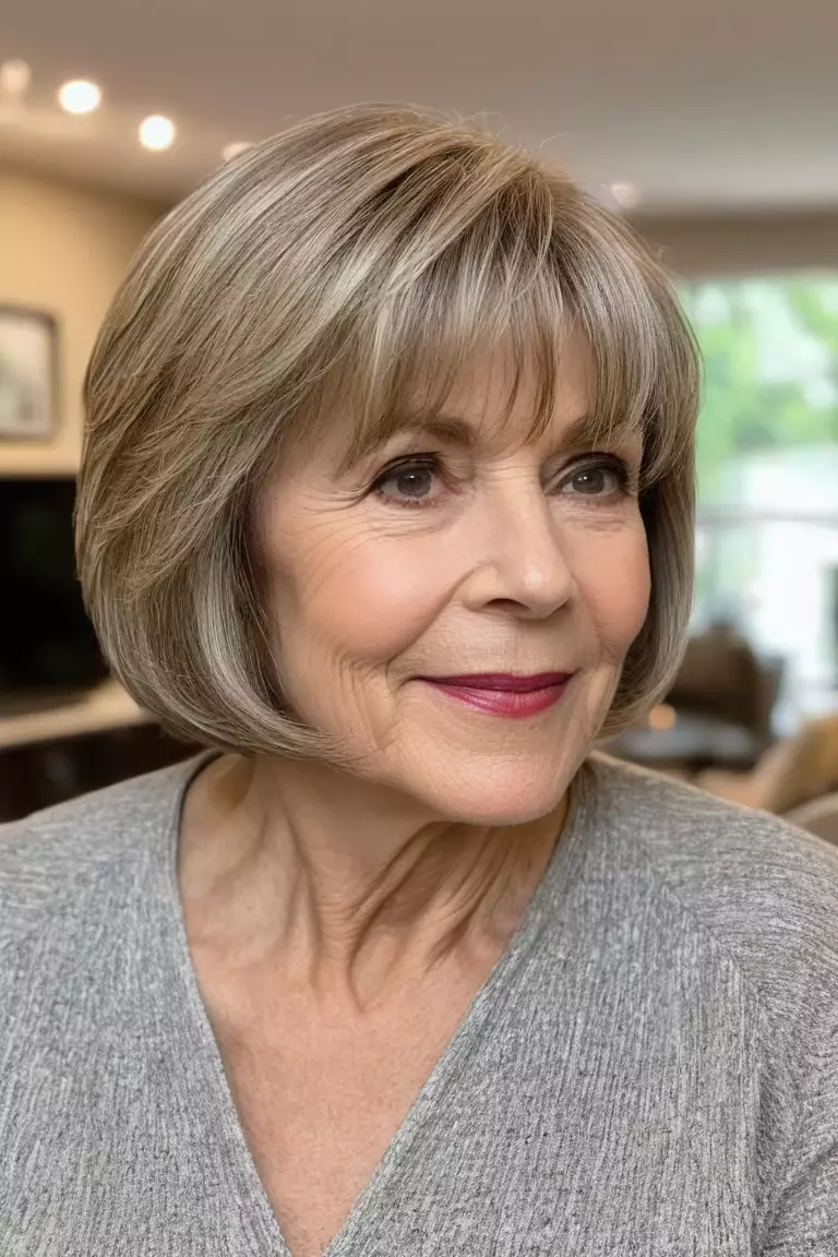 Textured Bob with Side-Swept Bangs A photo of a 65-year-old Dorothy, fine hair, Textured Bob with Side-Swept Bangs, Side view, living room background