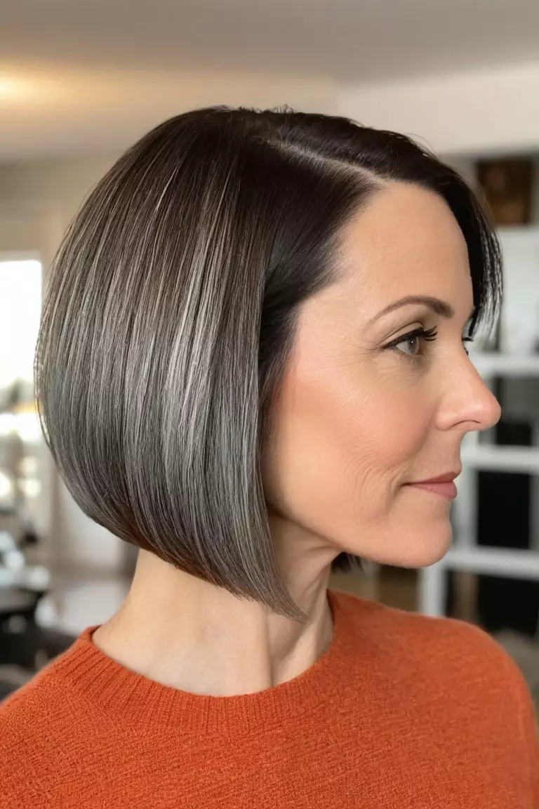 A photo of a 44-year-old Abigail, A-Line Bob, thin hair, Side view, living room background
