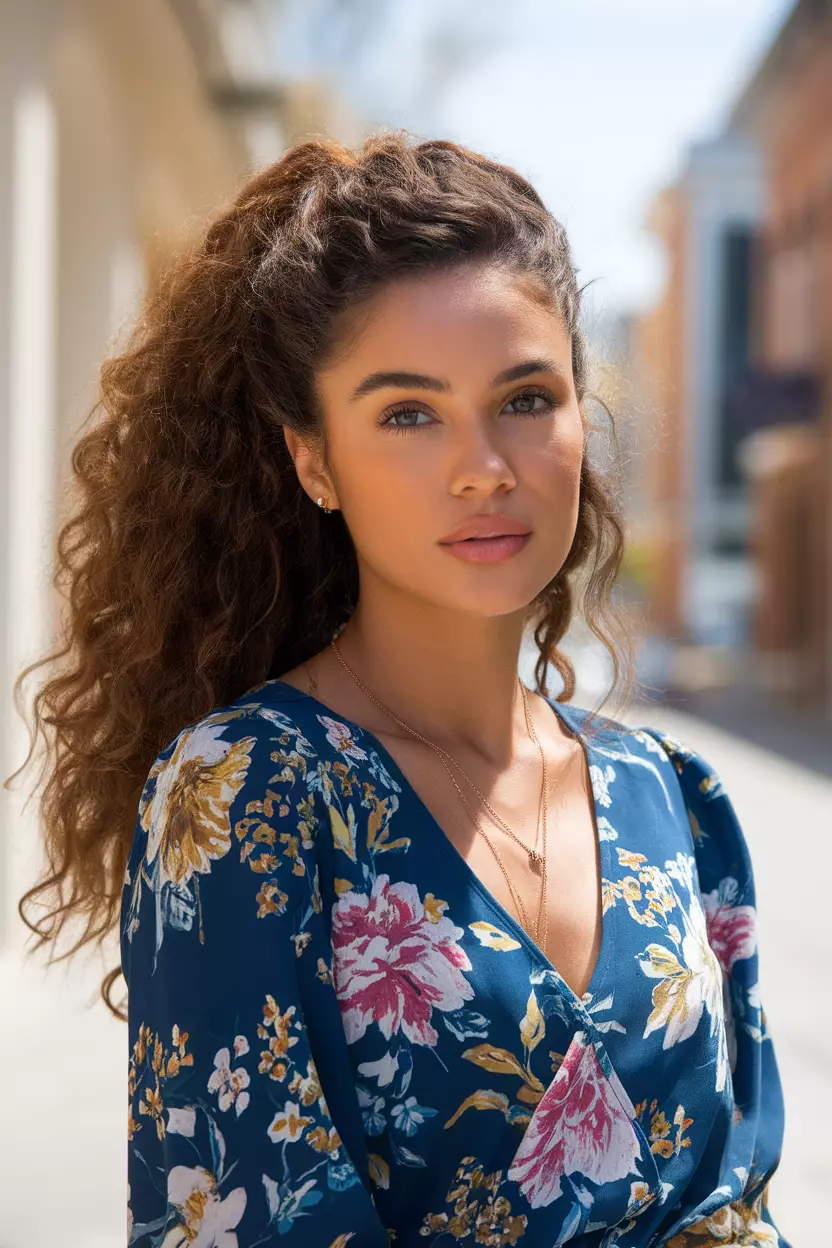 A beautiful woman with a Half-Up Half-Down curly hairstyle, Front view, sunny street background