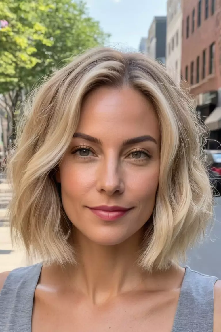 Rooted Blonde A photo of a 34-year-old Avery, Rooted Blonde lob hairstyle, Front view, summer street background