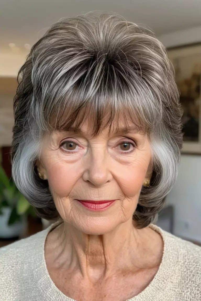 Cropped Shag with Bangs A photo of a 72-year-old Mary, cropped shag with bangs hairstyle, front view, living room background.