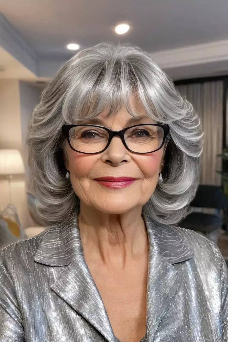 A photo of a 63-year-old Gloria, with layered silver waves with face-framing bangs and glasses hairstyle, Front view, living room background