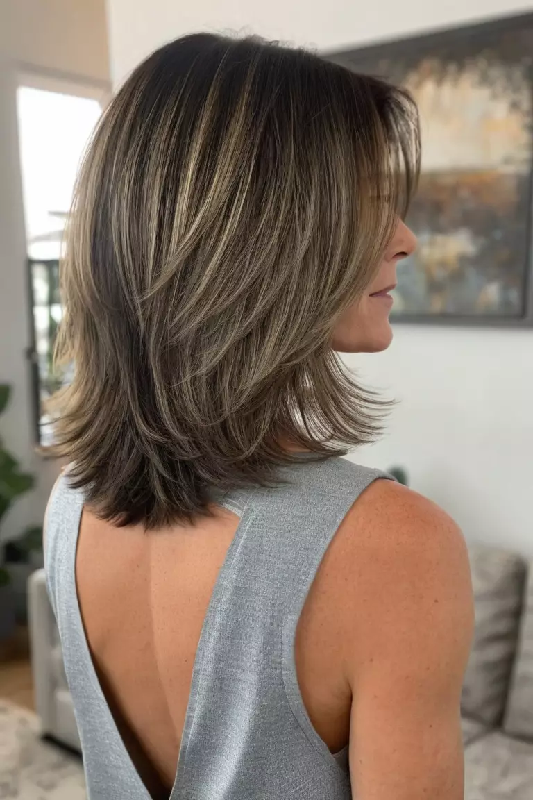 A photo of a 48-year-old Zoey, Layered Medium-Length Cut, thin hair, Back view, living room background