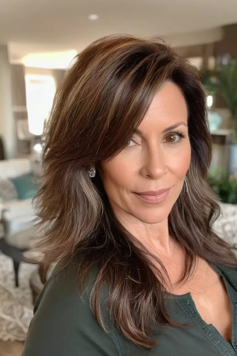 A photo of a 41-year-old Kimberly, with a long brown shag hairstyle, Front view, living room background