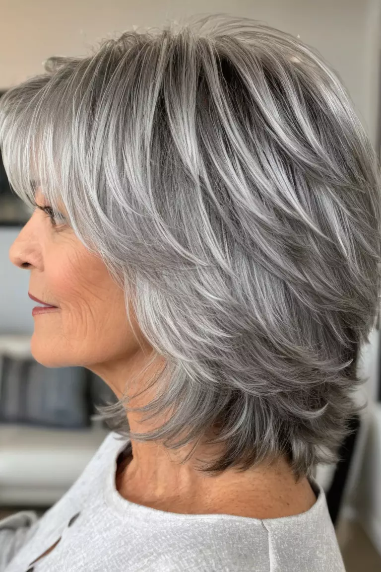A photo of a 64-year-old Martha, with choppy silver layers hairstyle, Side view, living room background