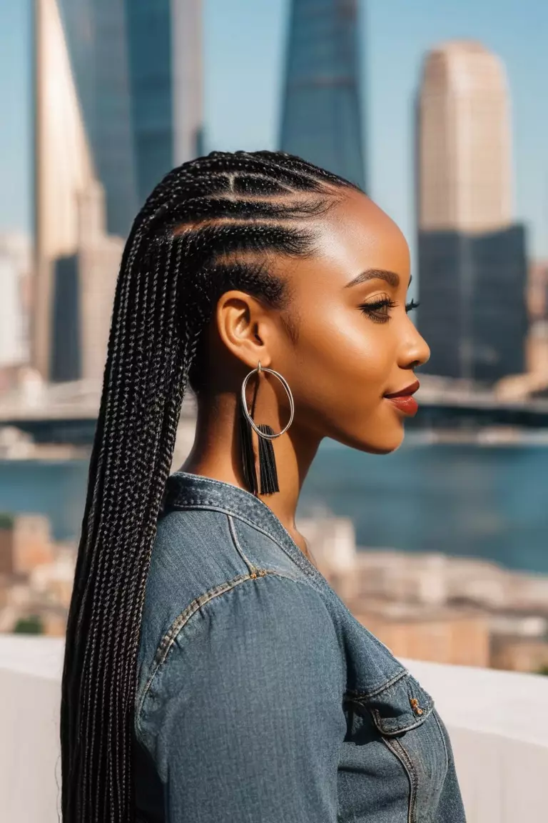 A beautiful black woman with long, sleek Senegalese twists, side view, sunny cityscape background