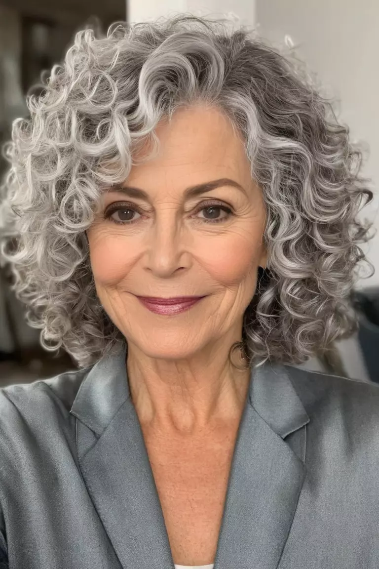 A photo of a 58-year-old Deborah, layered curly silver bob, front view, living room background