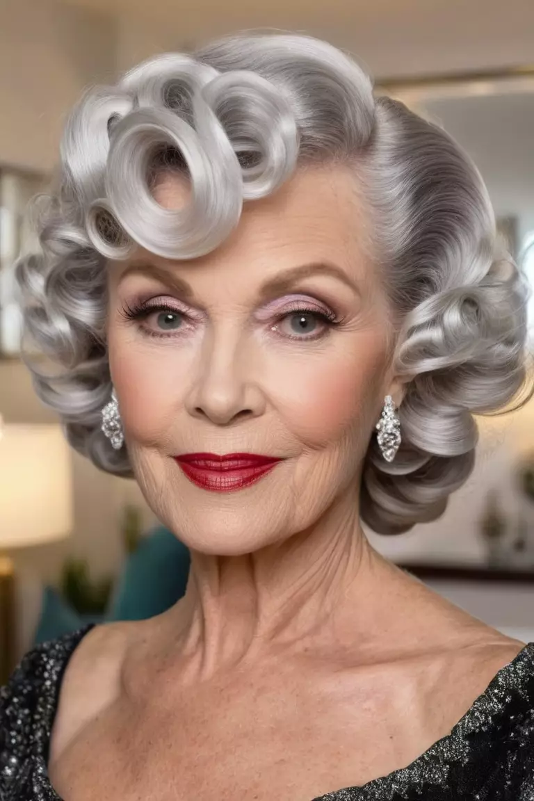 A photo of a 60-year-old Evelyn, silver pin up curls, front view, living room background