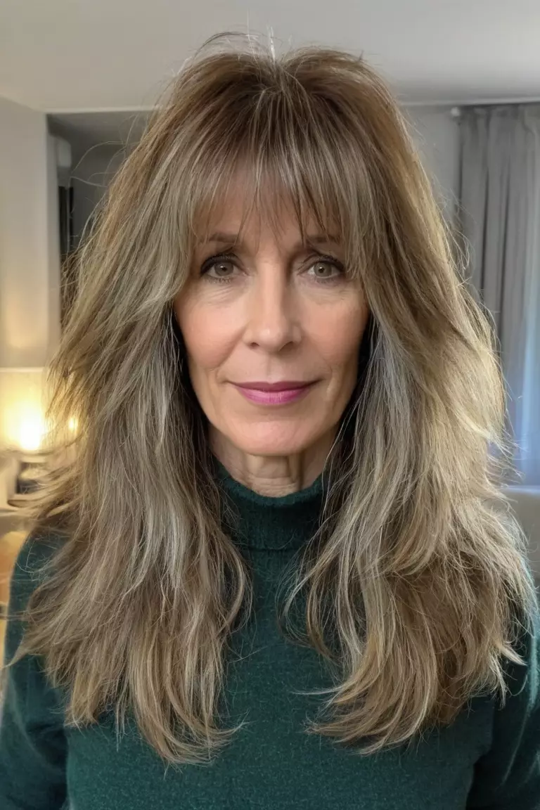 A photo of a 49-year-old Carol, with long choppy layers and long curtain bangs, Front view, living room background