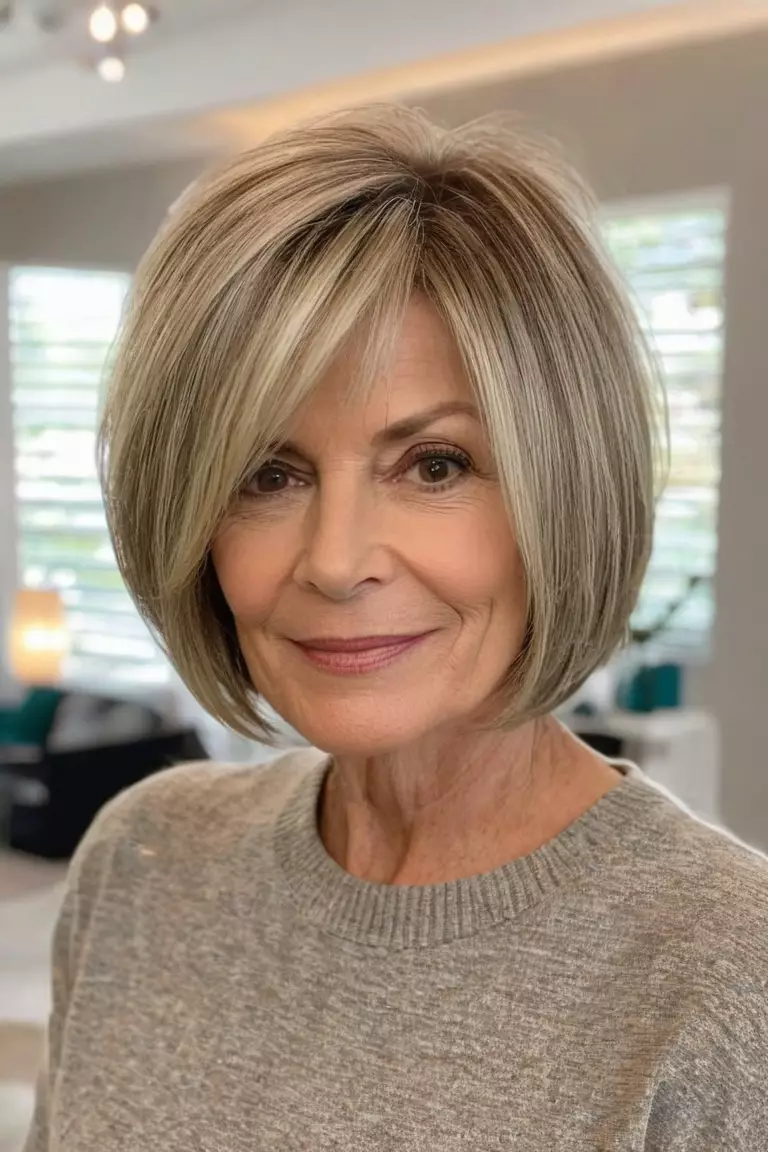 Highlighted Layered Bob A photo of a 60-year-old Angela, fine hair, Highlighted Layered Bob, Front view, living room background