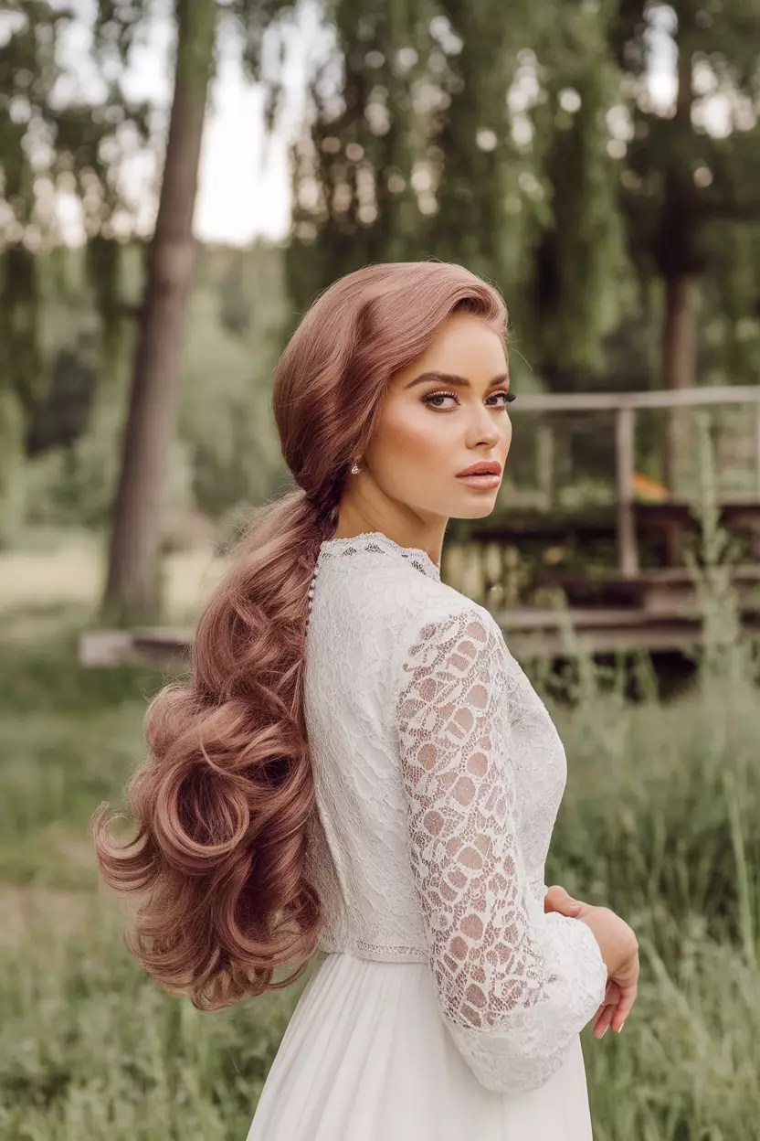 Soft Mauve Brown A beautiful woman with a long soft mauve brown hairstyle, Back view, summer background