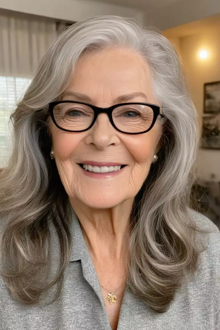 A photo of a 71-year-old Linda with glasses, Long Waves For Fine Hair, Front view, living room background