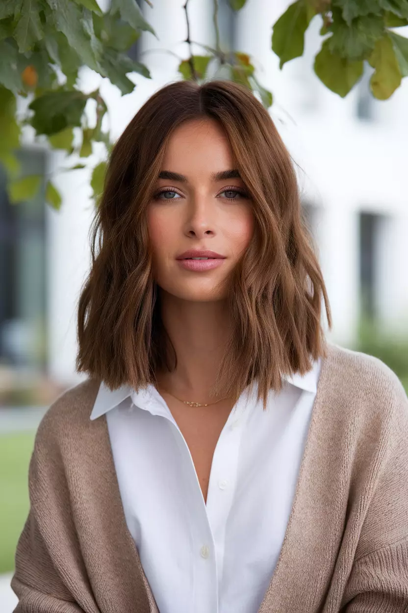 Cool Walnut Brown A beautiful woman with a shoulder-length cool walnut brown hairstyle, Back view, summer background