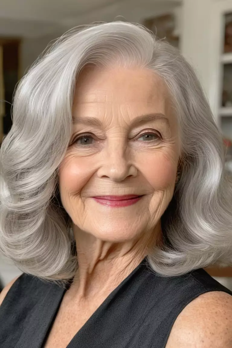 A photo of a 75-year-old Ashley, soft silver shoulder-length waves, front view, living room background