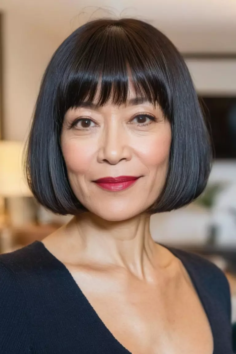 A photo of a 42-year-old Mia, Chin-Length Bob with Bangs, thin hair, Front view, living room background