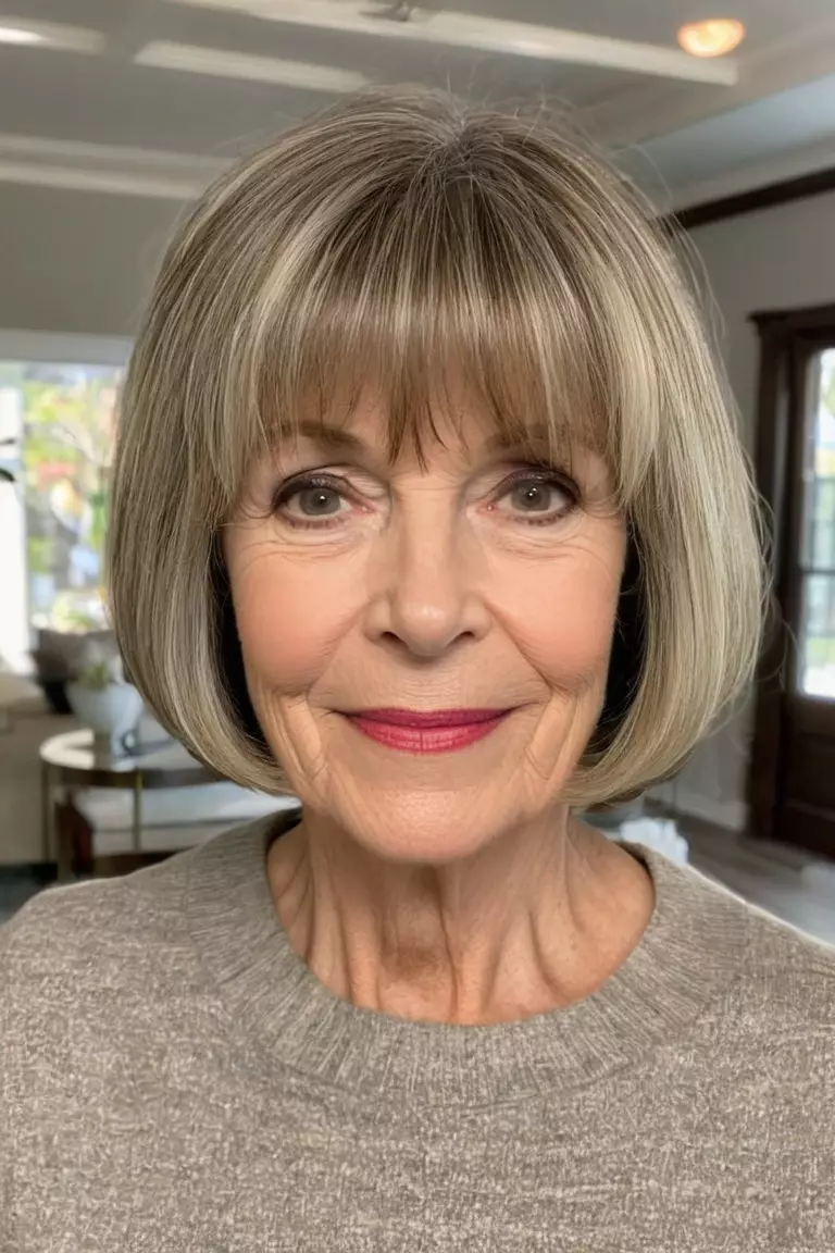 Face-Framing Bob with Bangs A photo of a 65-year-old Amy, fine hair, Face-Framing Bob with Bangs, Front view, living room background