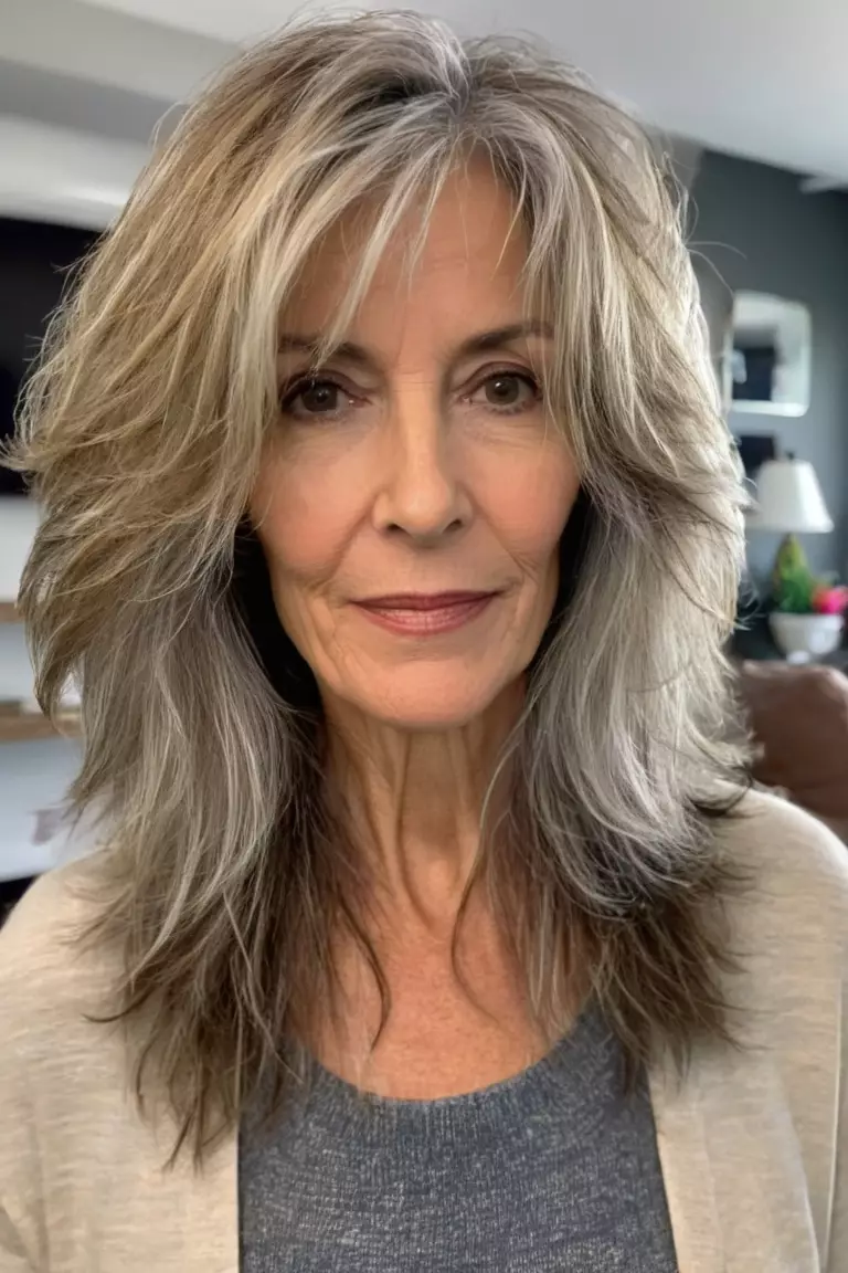 A photo of a 58-year-old Nancy, Long Choppy Layers, fine hair, Front view, living room background