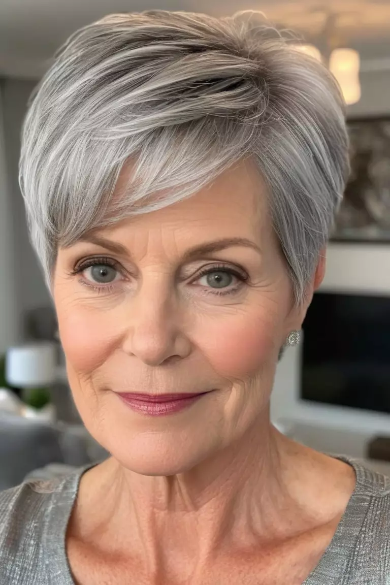 A photo of a 57-year-old Claire, with a silver gray pixie, Front view, living room background