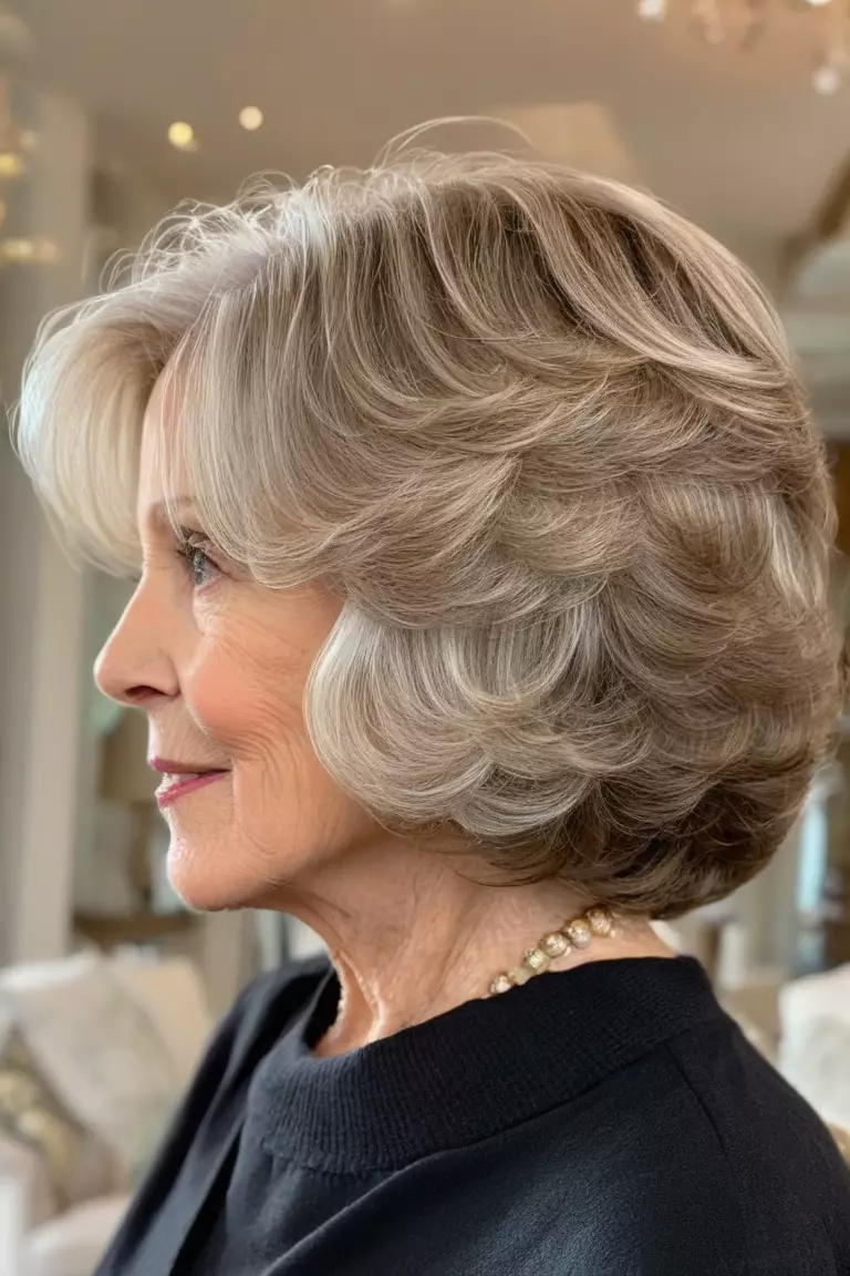 A photo of a 76-year-old Jessica, Layered Wavy Bob, Side view, living room background