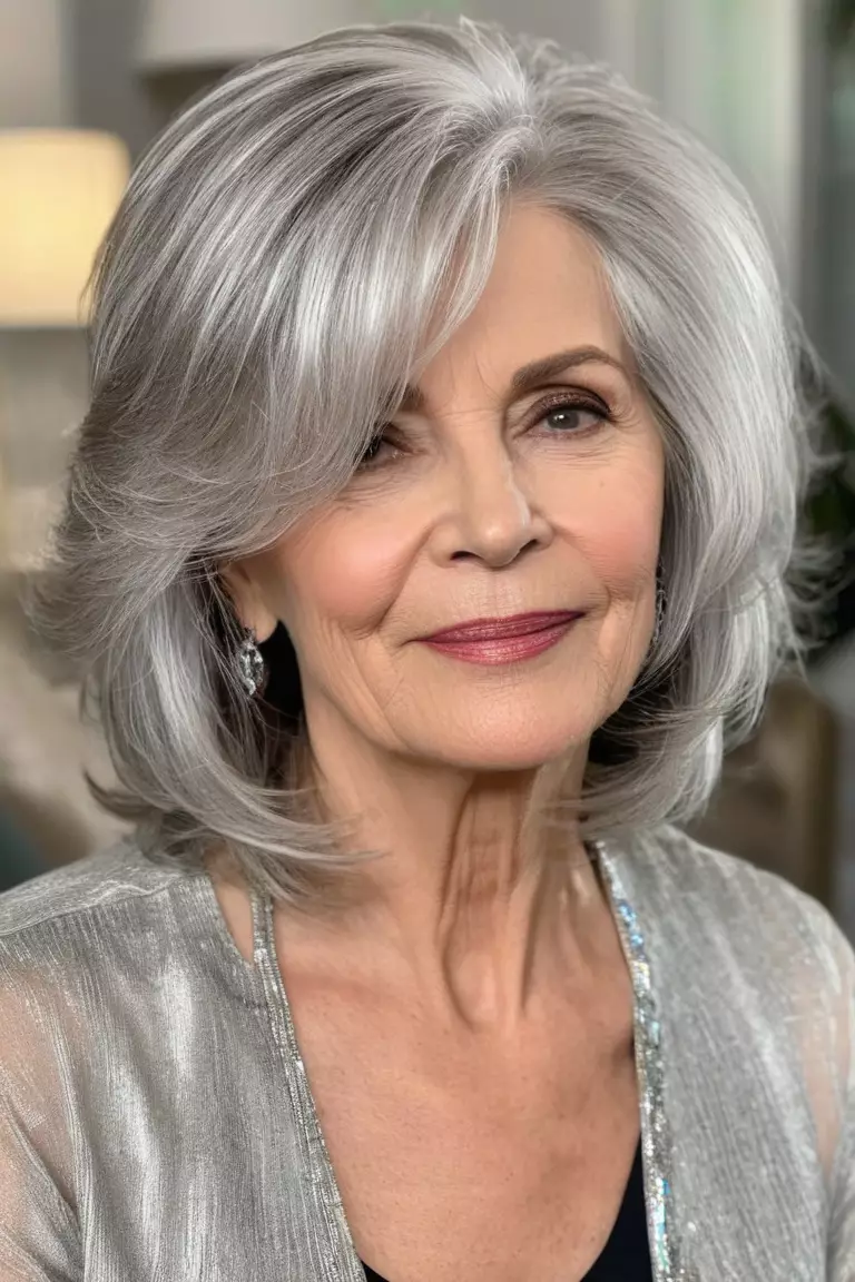 A photo of a 65-year-old Beverly, with a tousled silver lob hairstyle, Front view, living room background