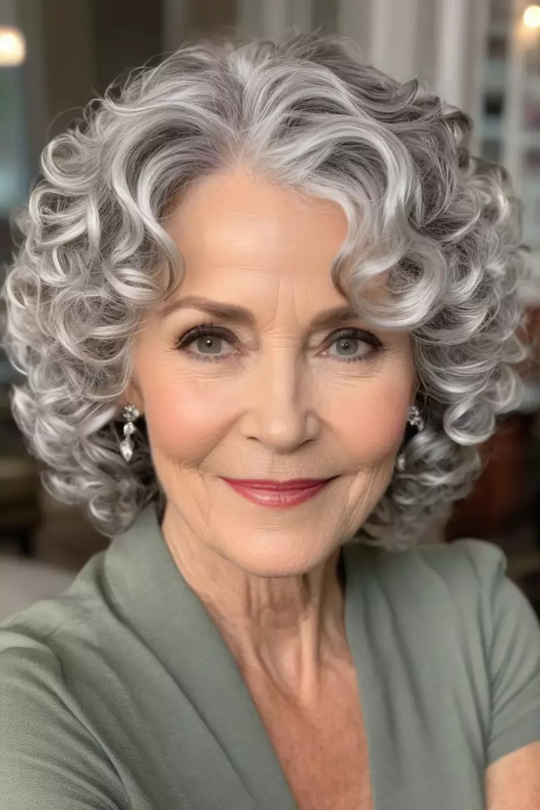 A photo of a 60-year-old Jessica, cropped layered silver curls, front view, living room background