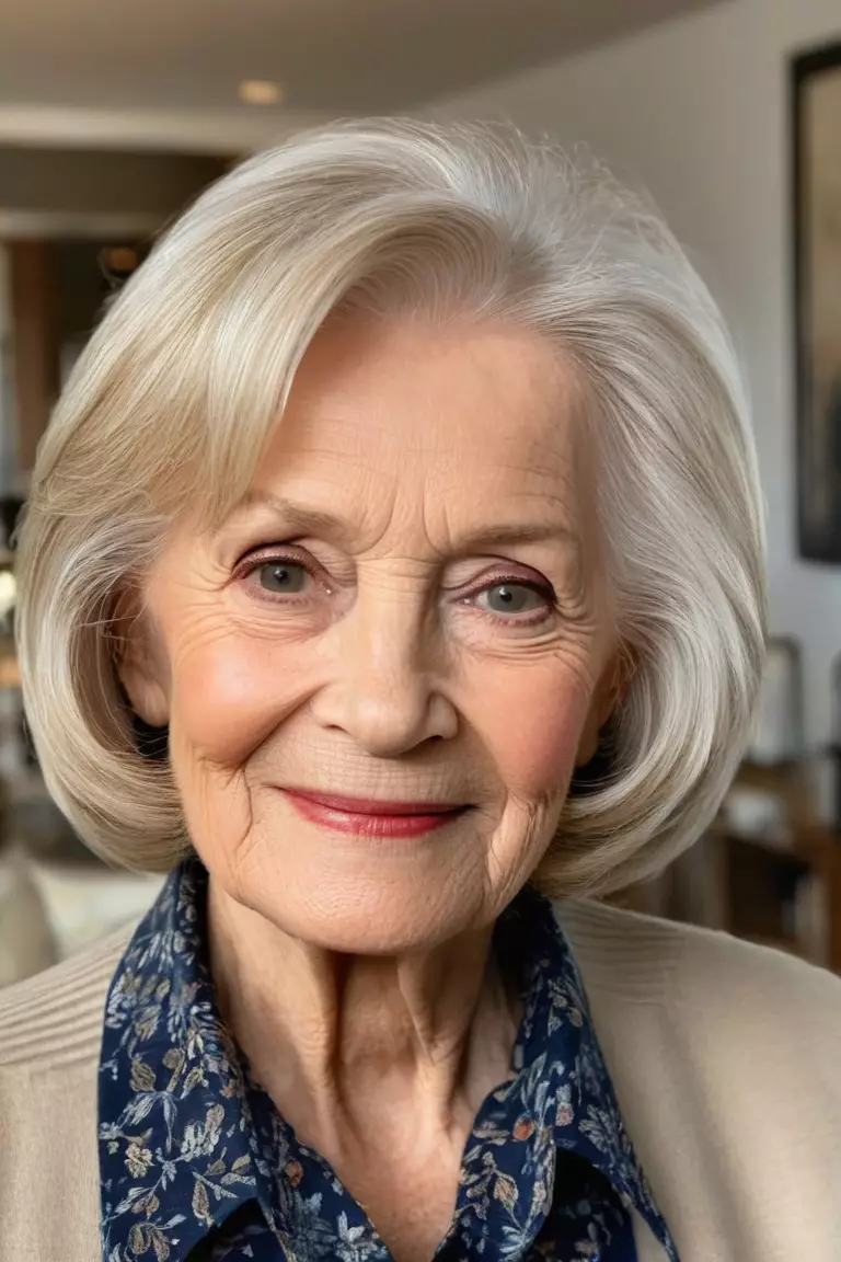 Bob with Face-Framing Layers A photo of a 76-year-old Angela, bob with face-framing layers hairstyle, front view, living room background.