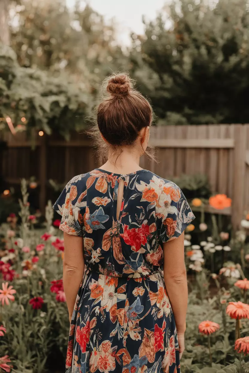 A beautiful woman with a top knot, back view, summer background