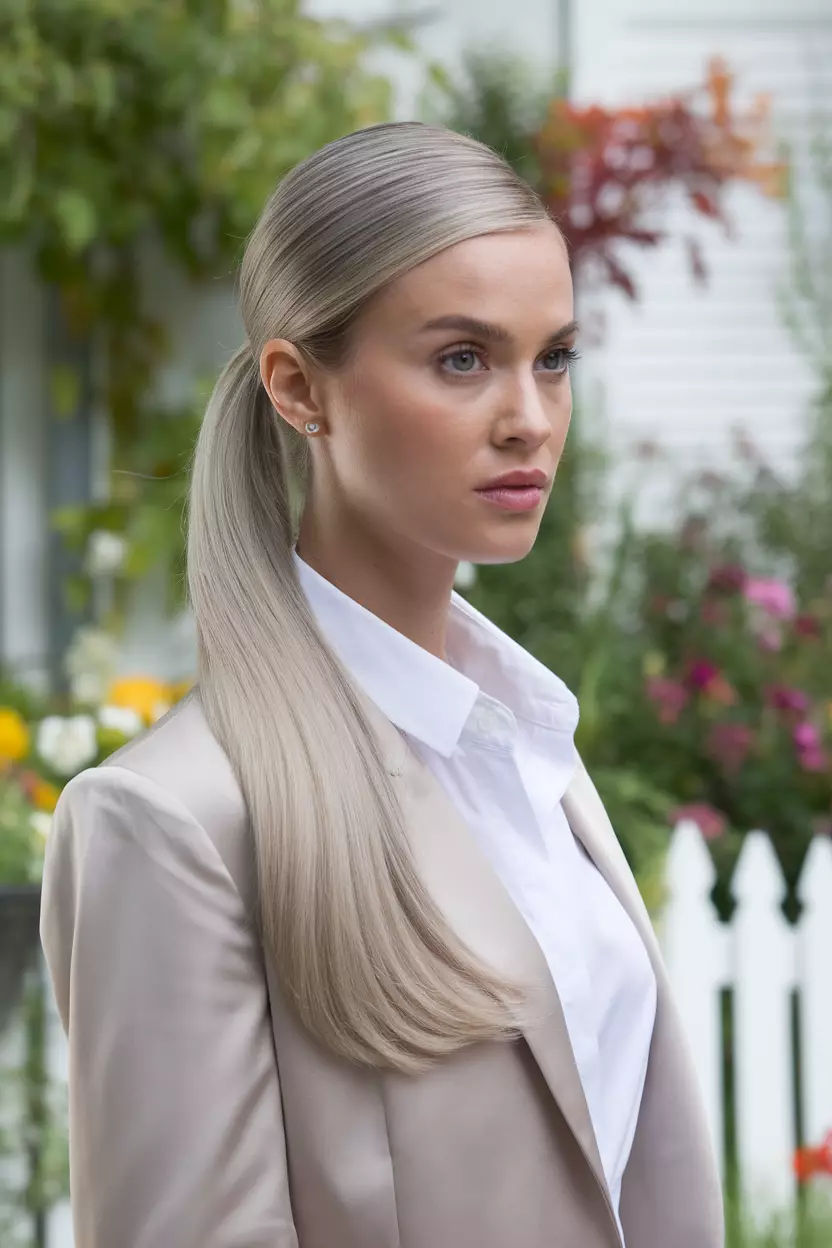 Grey Blonde (Greige) A beautiful woman with a sleek grey blonde (greige) ponytail, Back view, summer background