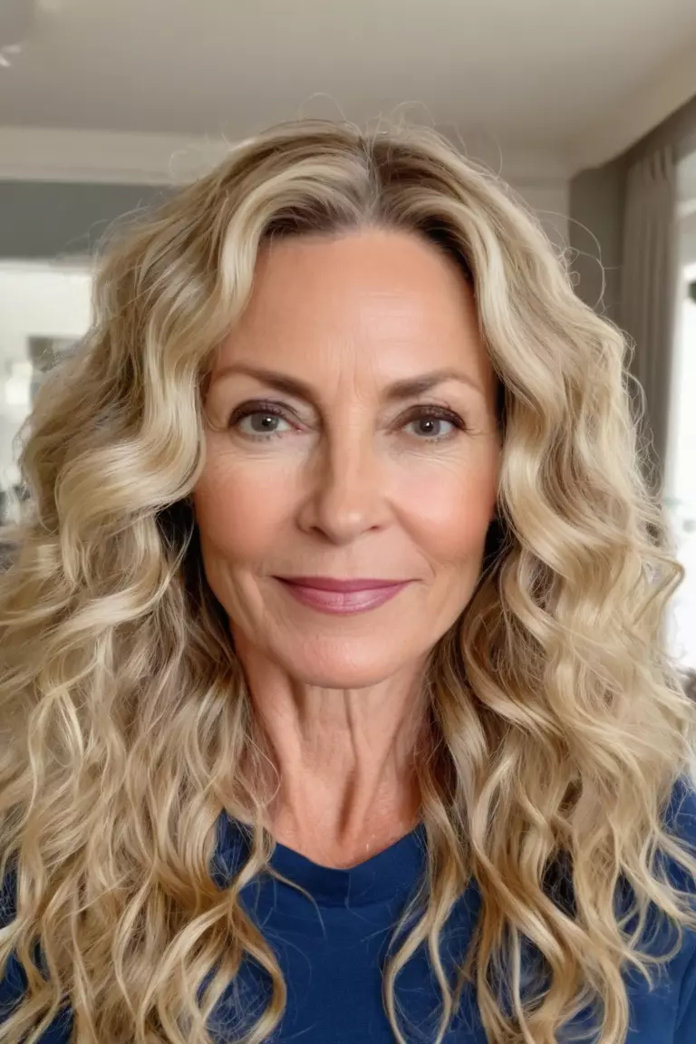 A photo of a 42-year-old Margaret, with long blonde beach waves, Front view, living room background