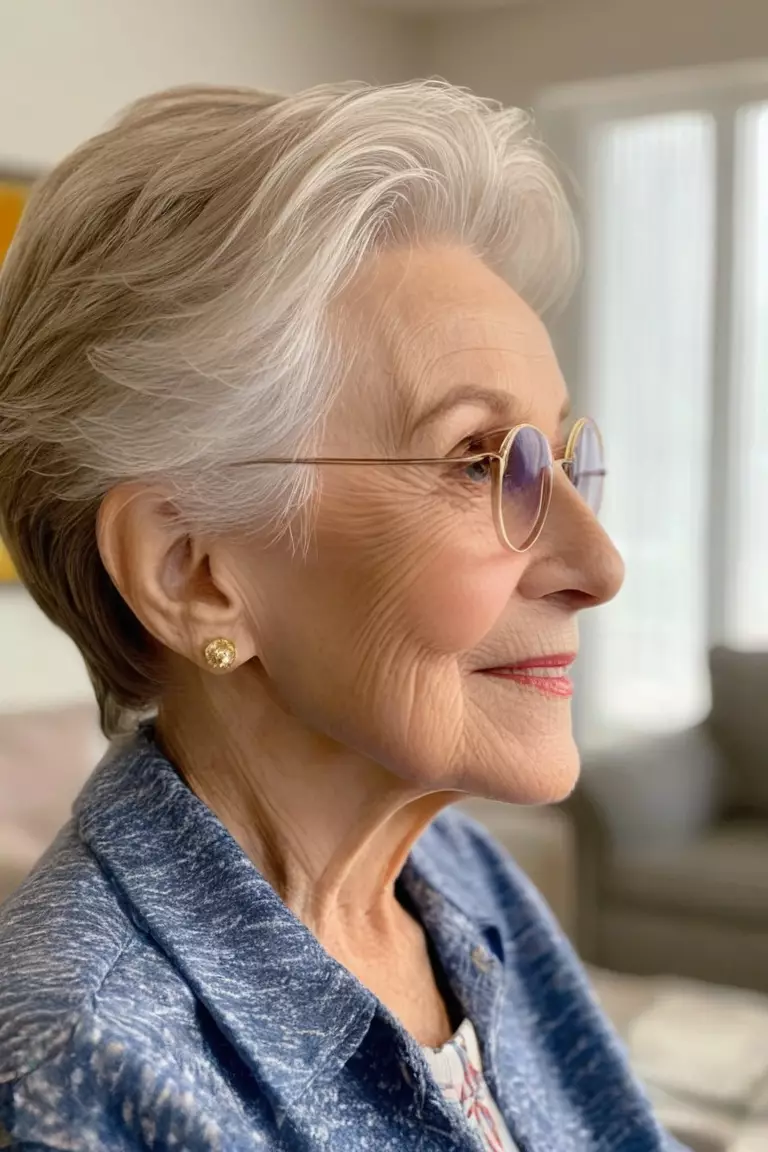 Pixie with Long Sides A photo of a 79-year-old Shirley, pixie with long sides hairstyle, side view, living room background.
