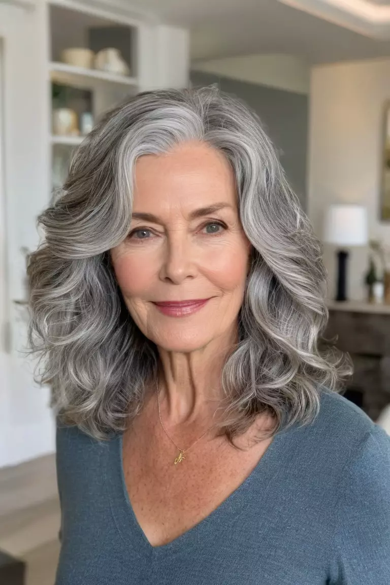 A photo of a 55-year-old Elizabeth, with mid-length gray waves, Front view, living room background