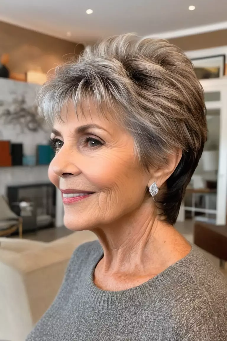 A photo of a 69-year-old Sandra, displaying a short tapered shag haircut, Side view, living room background