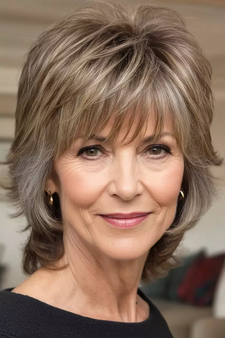 A photo of a 61-year-old Jennifer, showcasing a wispy shaggy cut with side-swept bangs, Side view, living room background