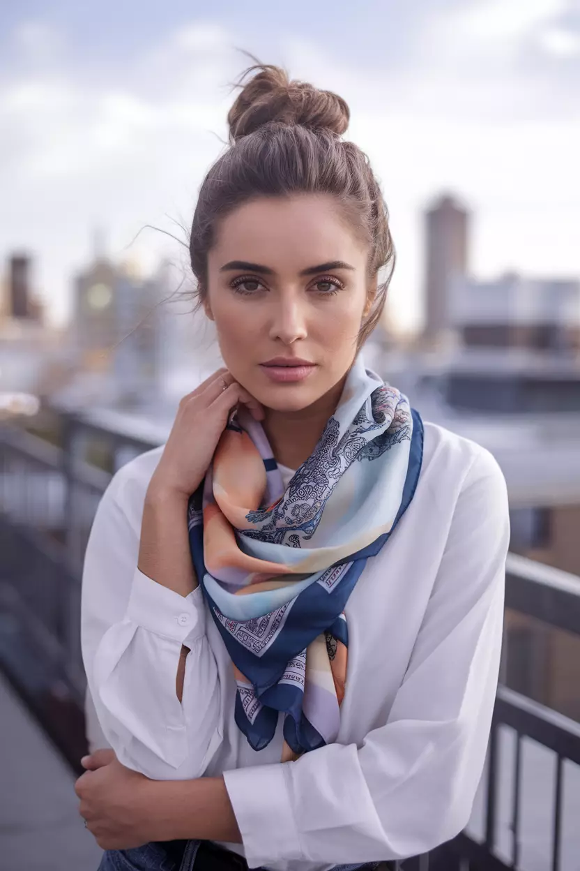 A beautiful woman with a Top Knot hairstyle, front view, city rooftop background