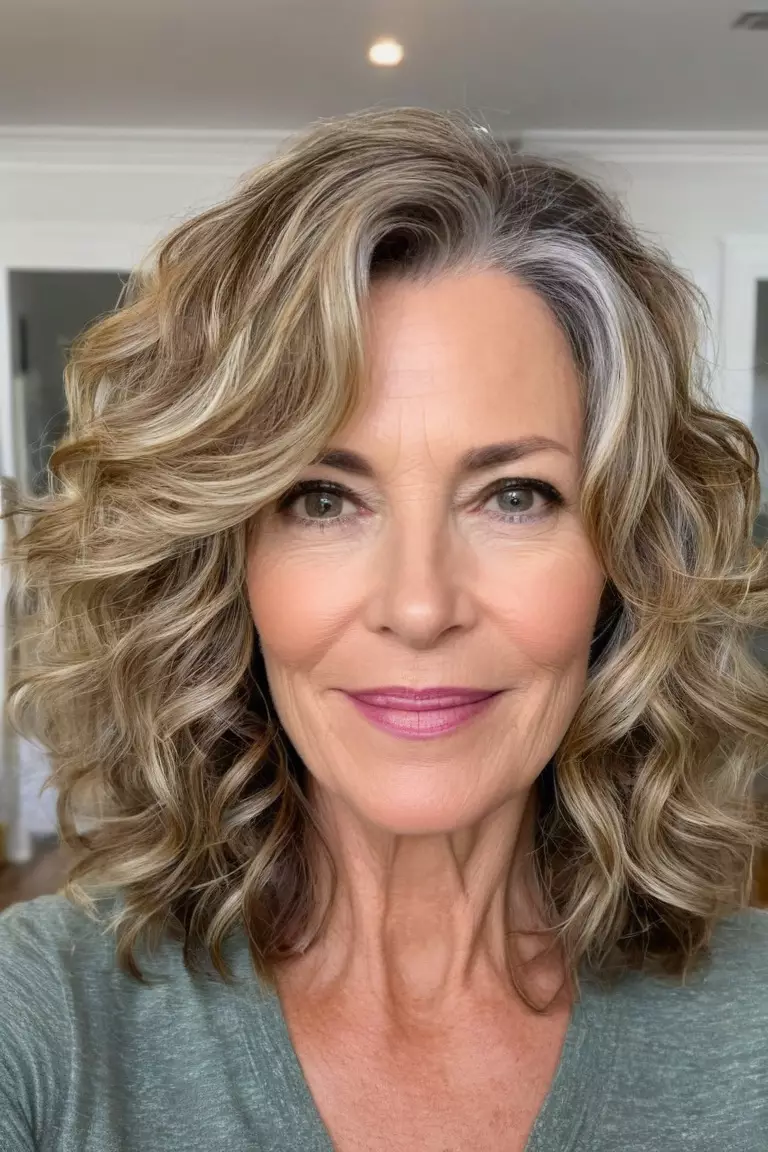 A photo of a 50-year-old Laura, Wavy Highlighted Layers, fine hair, Front view, living room background