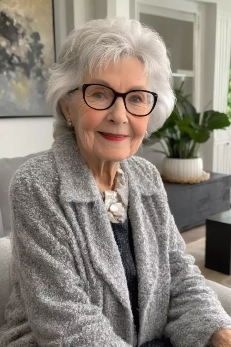 A photo of a 73-year-old Joyce, soft gray shag, front view, living room background