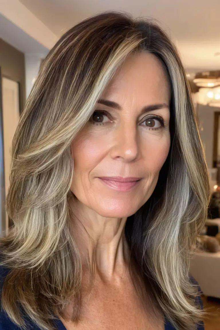 A photo of a 43-year-old Maria, showing long highlighted layers, Front view, living room background