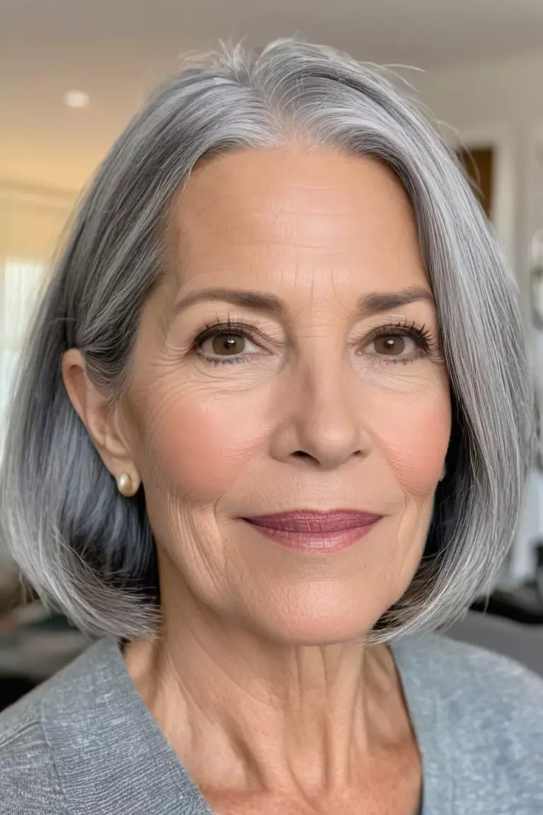 A photo of a 52-year-old Lillian, with a gray lob, Front view, living room background