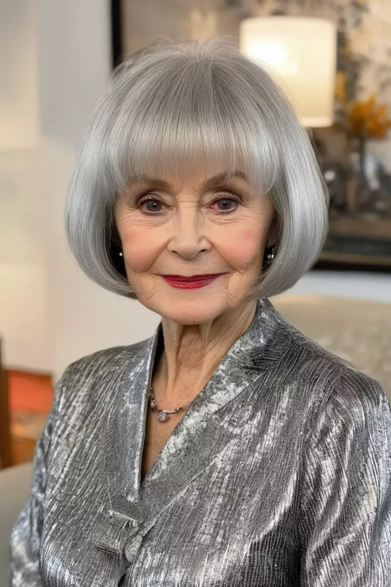 A photo of a 74-year-old Karen, voluminous silver bob with bangs, front view, living room background