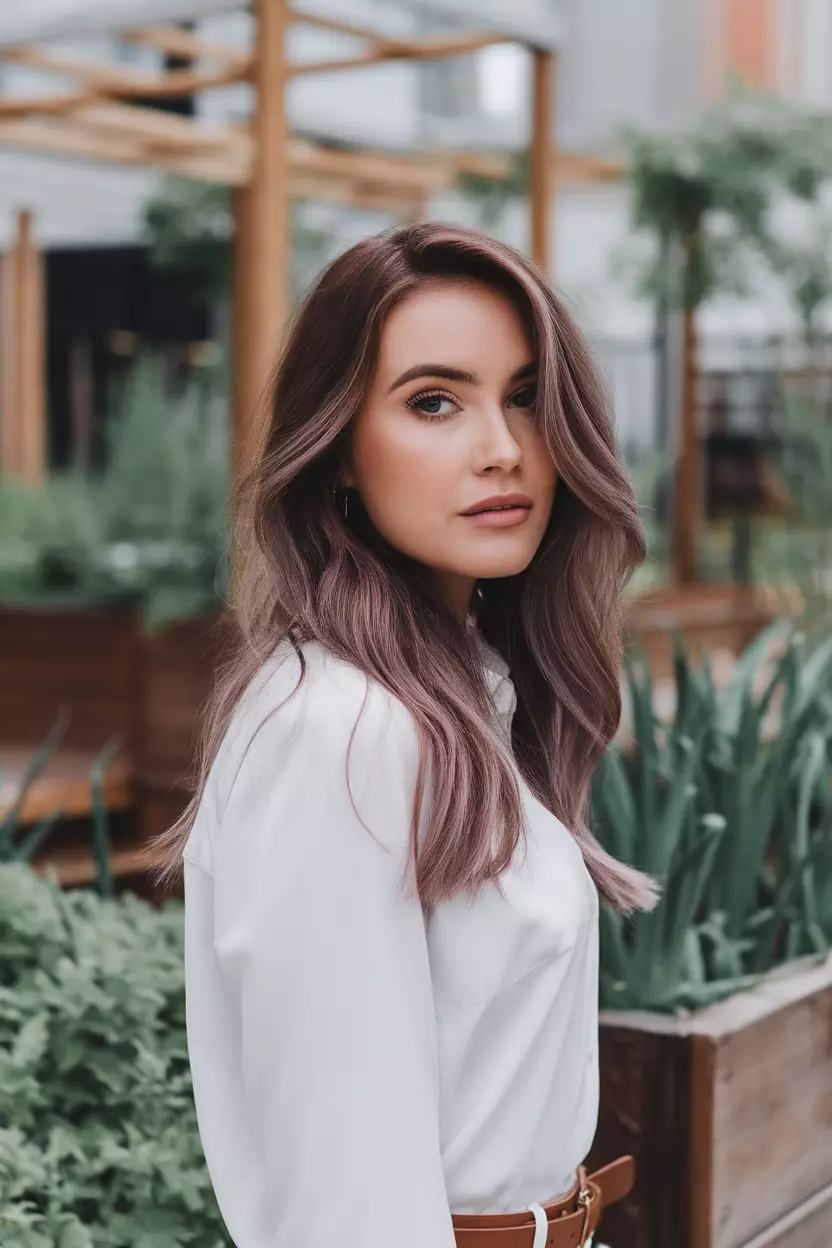 Muted Mauve A beautiful woman with cool brown hair featuring subtle, muted mauve highlights, Front view, urban garden background