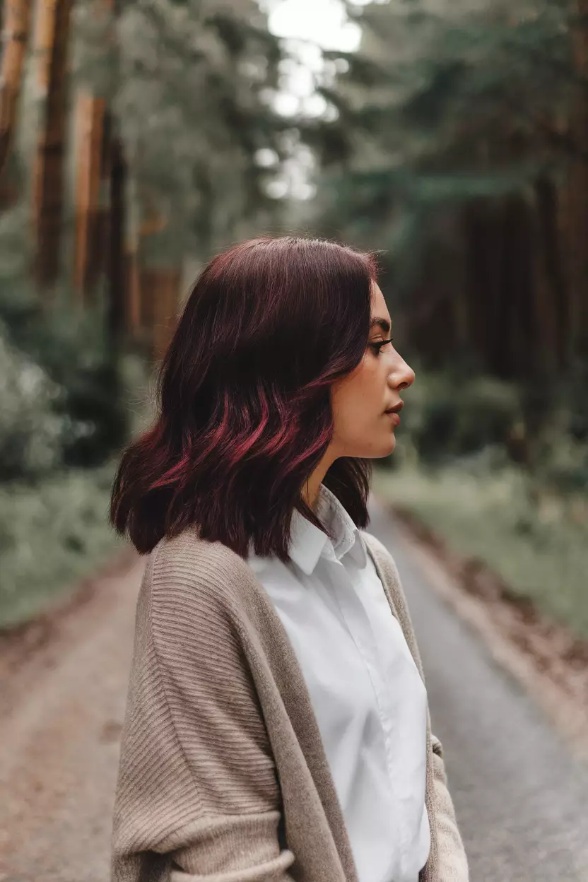 Brunette With Burgundy Tint A beautiful woman with a medium-length dark brown hair with a subtle burgundy tint, Side view, forest path background