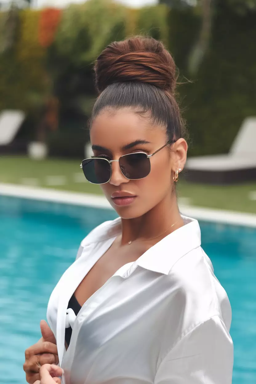 A beautiful woman with a High Ponytail, side view, poolside background