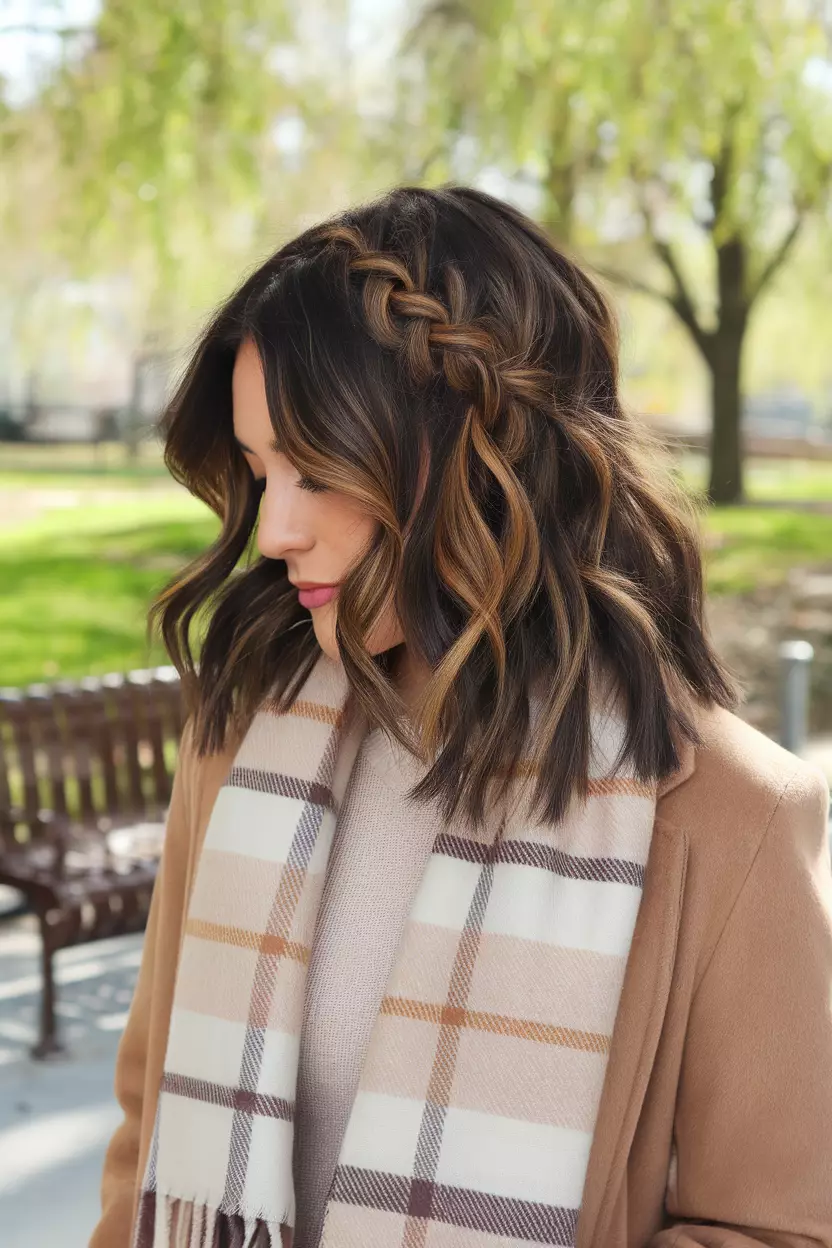 Caramel Ribbons A beautiful woman with dark brown hair featuring distinct caramel ribbon highlights woven throughout, Back view, sunny park background