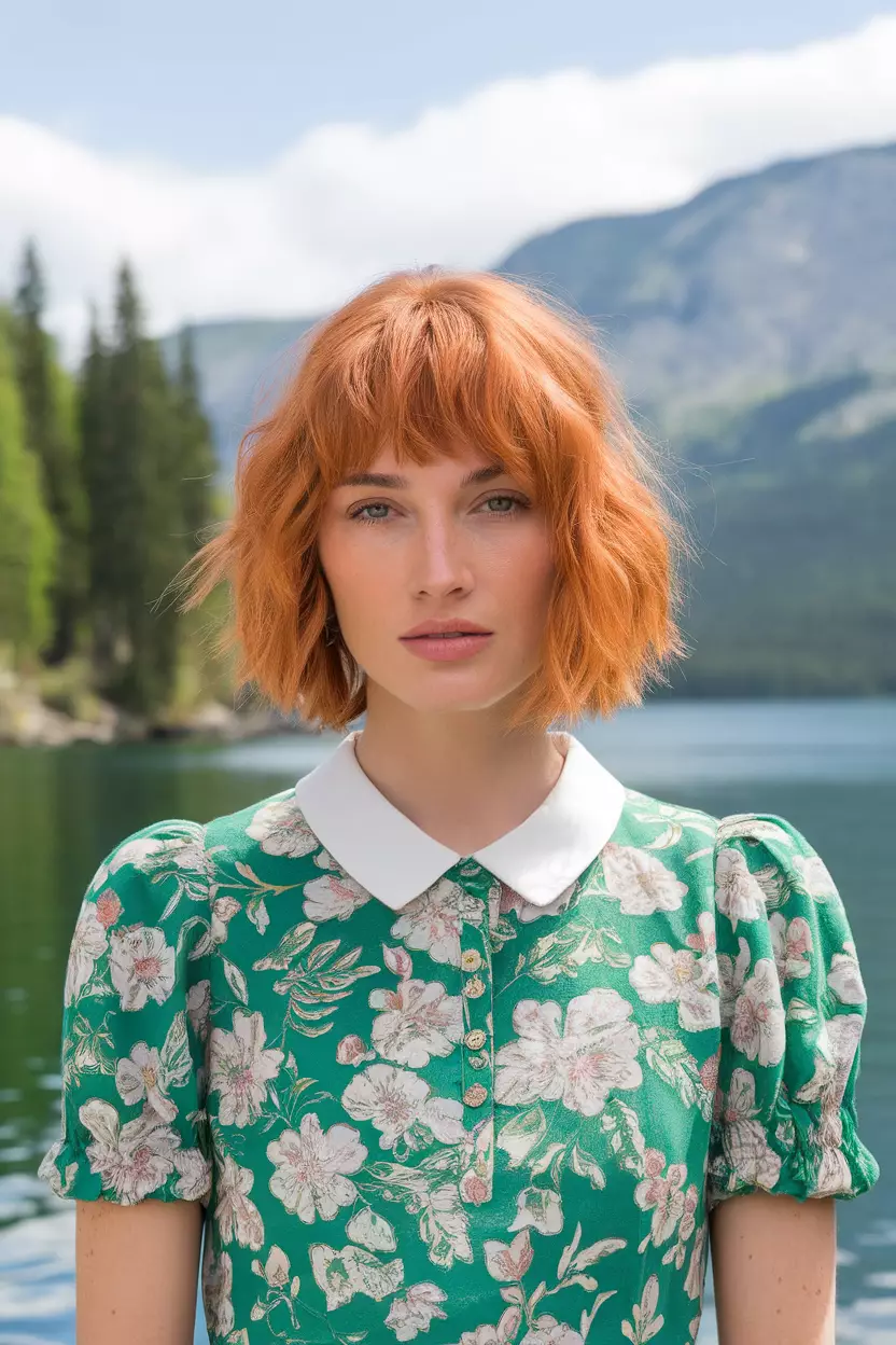 Light Copper A beautiful woman with bright, light copper hair cut in a shoulder-length style with bangs, Front view, summer background
