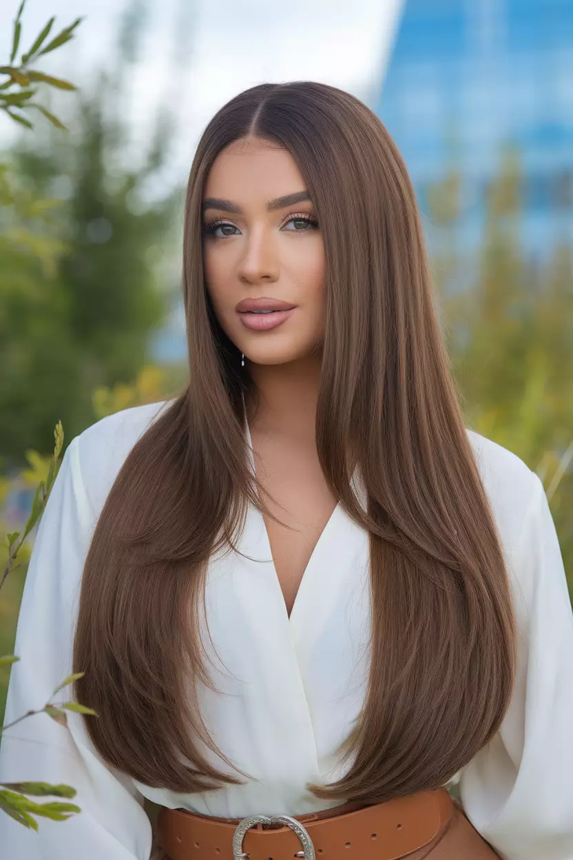 Mushroom Brown A beautiful woman with a long, straight mushroom brown hairstyle, Back view, summer background