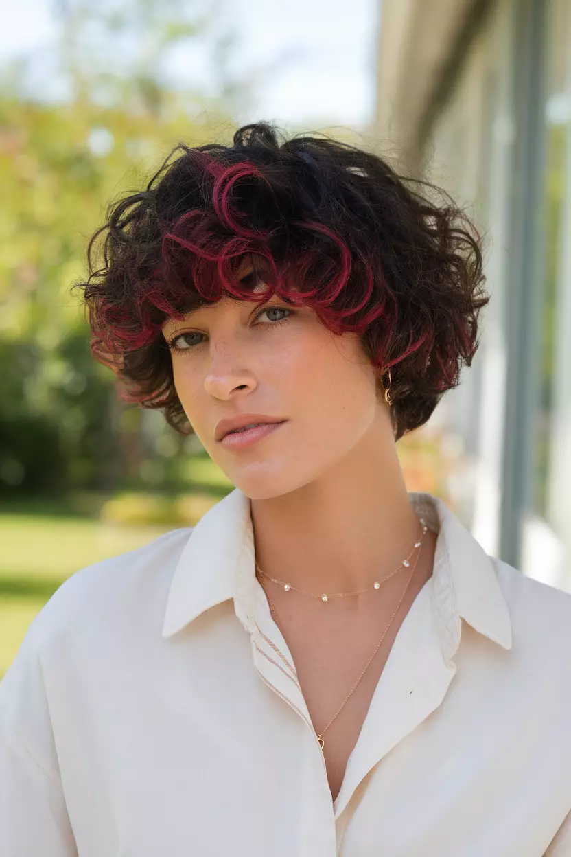 Cherry Cola A beautiful woman with a cherry cola dark curly hairstyle with red undertones, Front view, summer background
