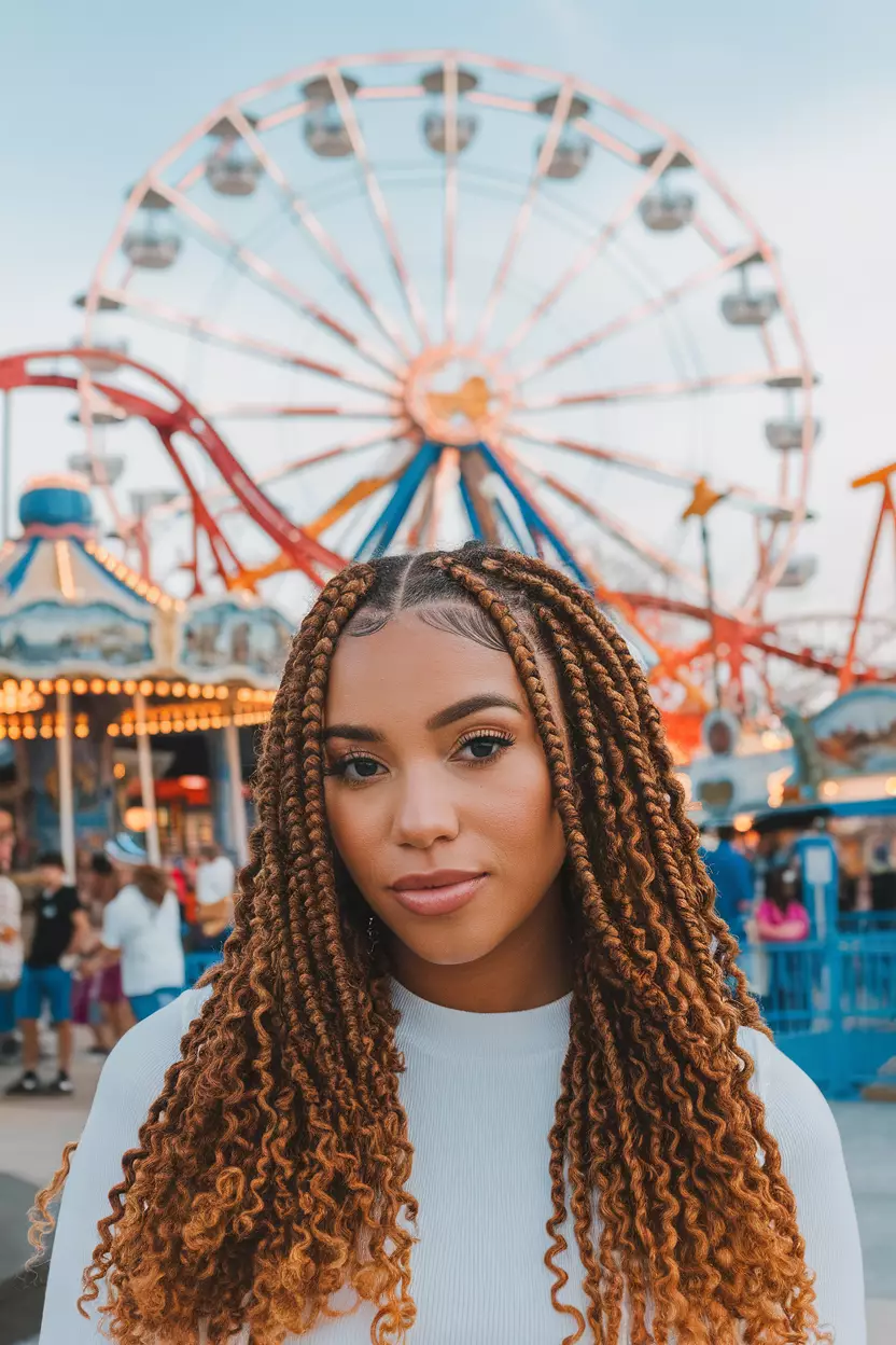 A beautiful woman with curly Pigtail Braids, Front view, amusement park background