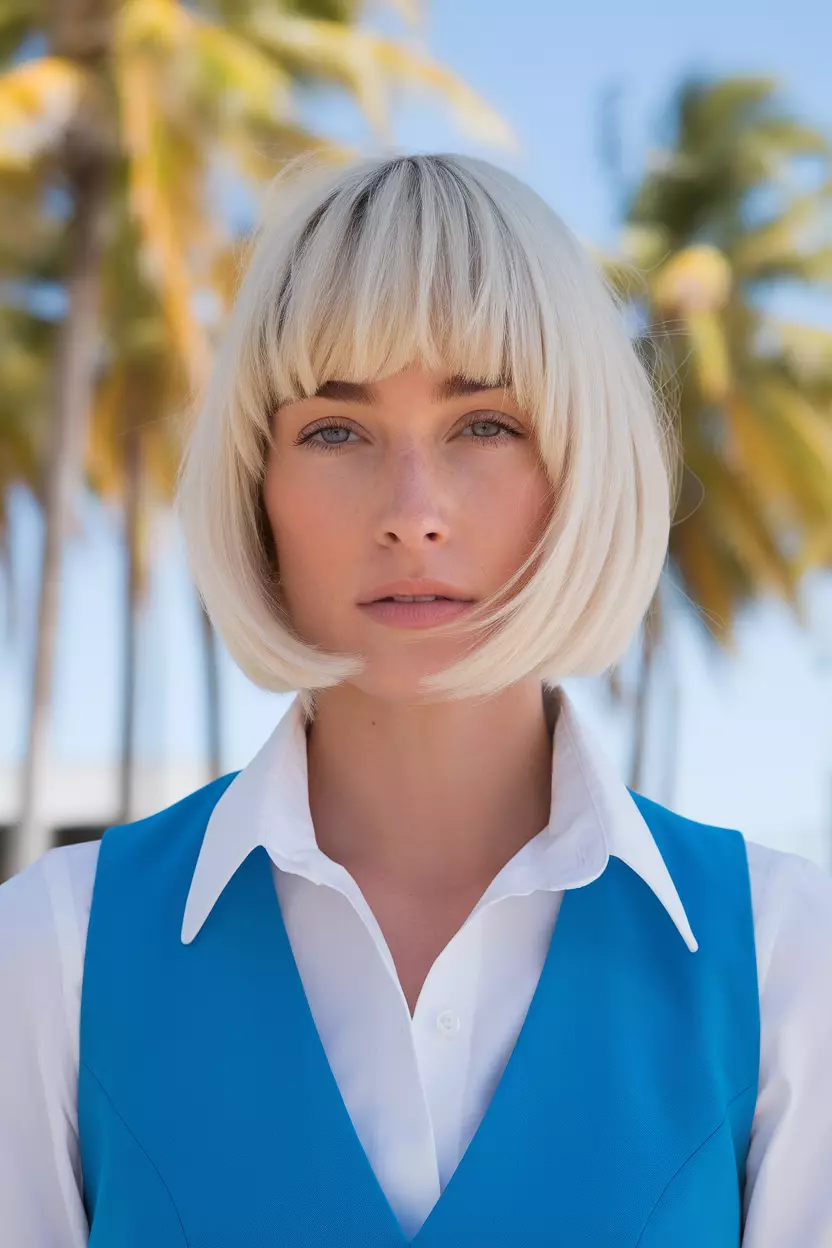Ice Blonde A beautiful woman with a short, sharp ice blonde bob, Front view, summer background