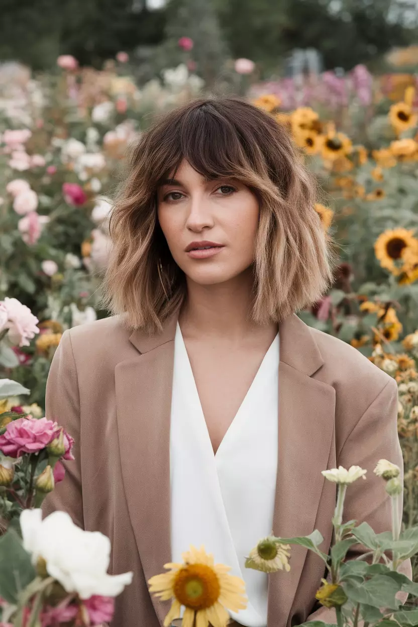 Bronde Sombre A beautiful woman with a medium-length wavy hair in a subtle bronde sombre style, Front view, field of flowers background