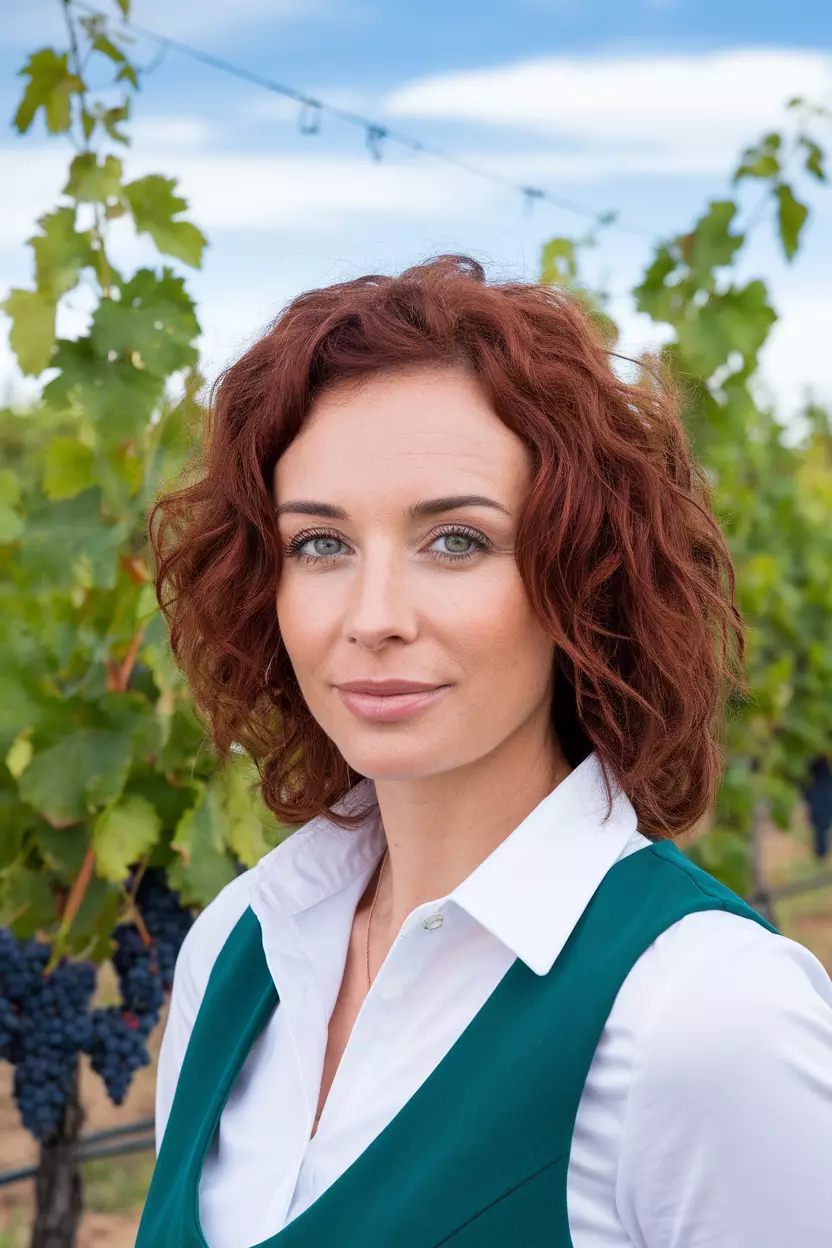 Auburn Brown Curls A beautiful woman with a medium-length curly hair in an auburn brown shade, Front view, vineyard background